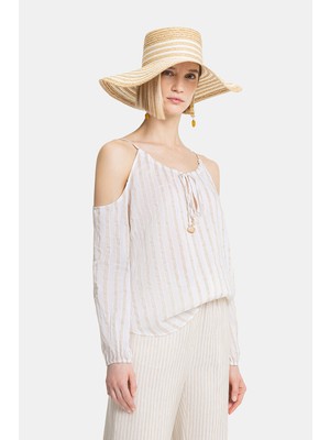 Vakko Ecru Low-Cut Striped Blouse