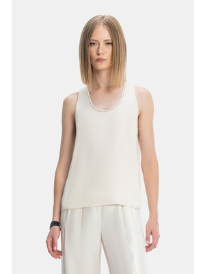 Vakko By Peserıco Ecru Low-Cut Sleeveless Blouse