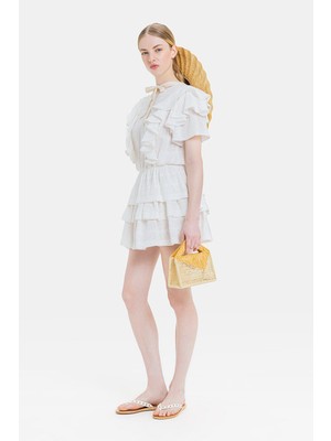 Vakko Ecru Short Sleeve Short Dress