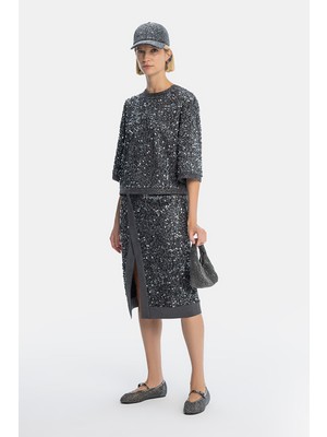 Vakko Grey Sequined Skirt