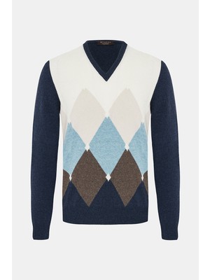 Vakko By Gran Sasso Diamond Pattern V-Neck Wool Cashmere Knit Sweater