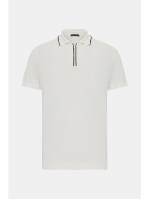 Vakko Ecru Zip Polo Collar Short Sleeve Knit T-Shirt
