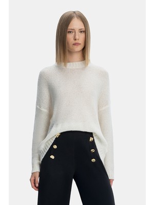 Vakko Ecru Crew Neck Knit Sweater