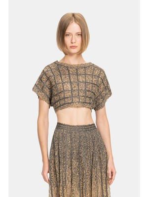 Vakko By Pe De Chumbo Beige Round Neck Short Sleeve Blouse