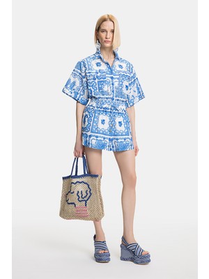 Vakko Blue Patterned High-Waisted Shorts