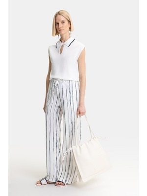 Vakko White Printed Straight-Leg Trousers