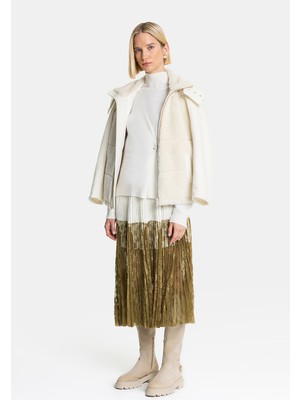 Vakko Ecru-Khaki Pleated Skirt