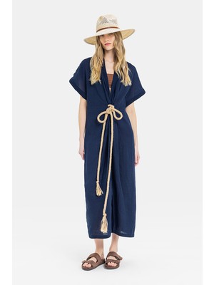 Vakko Navy Linen Kaftan