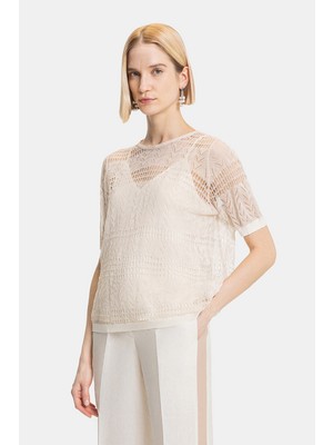 Vakko Ecru Round Neck Short Sleeve Blouse