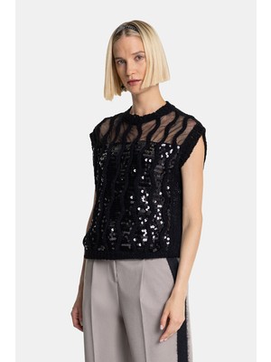 Vakko Black Sequined Knit Sweater