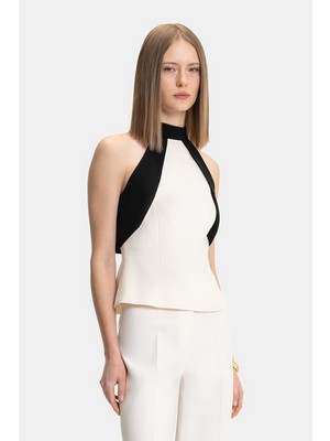 Vakko Ecru Halter Neck Sleeveless Blouse