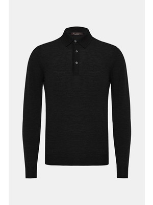 Vakko By Gran Sasso Buttoned Polo Collar Wool Silk Knit Sweater
