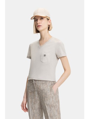 Vakko By Lorena Antonıazzı Beige V-Neck Short Sleeve T-Shirt