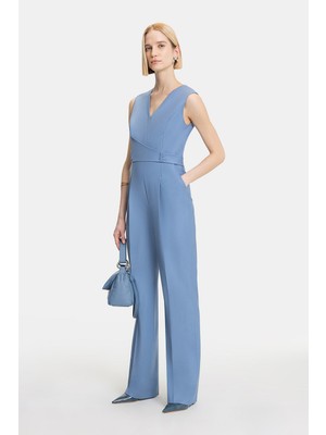 Vakko Blue V-Neck Jumpsuit