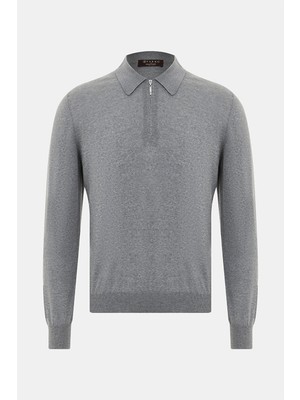 Vakko By Gran Sasso Grey Polo Collar Knit Sweater