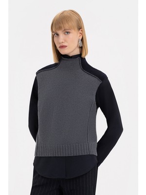 Vakko By Lorena Antonıazzı Navy-Grey Mock Neck Knit Sweater