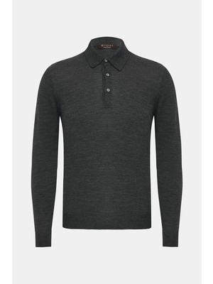 Vakko By Gran Sasso Buttoned Polo Collar Wool Silk Knit Sweater