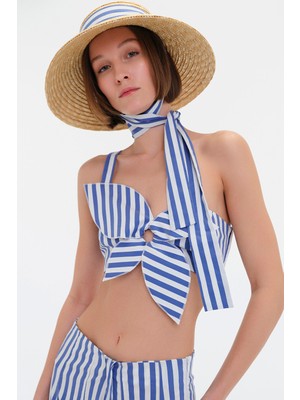 Vakko Blue Low-Cut Strappy Blouse