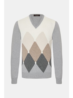 Vakko By Gran Sasso Diamond Pattern V-Neck Wool Cashmere Knit Sweater