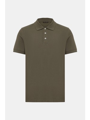 Vakko Khaki Polo Button Collar Short Sleeve T-Shirt
