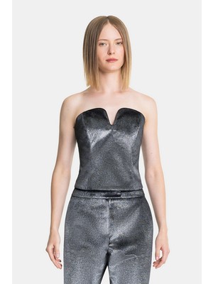 Vakko Silver Strapless Blouse