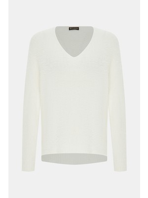 Vakko Ecru V-Neck Knit Sweater