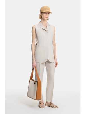 Vakko Beige Patterned Linen Trousers