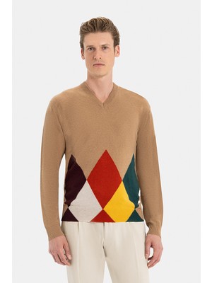 Vakko By Danıele Fıesolı Tan V-Neck Knit Sweater