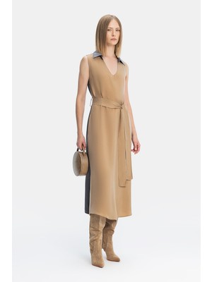 Vakko Beige Sleeveless Dress