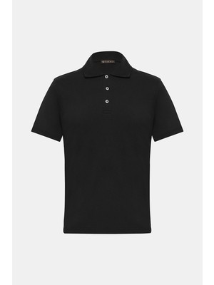 Vakko Black Buttoned Polo Collar Short Sleeve T-Shirt
