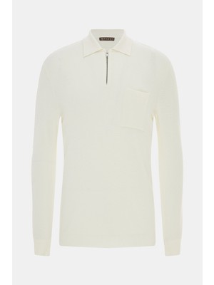 Vakko Ecru Polo Collar Knit Sweater