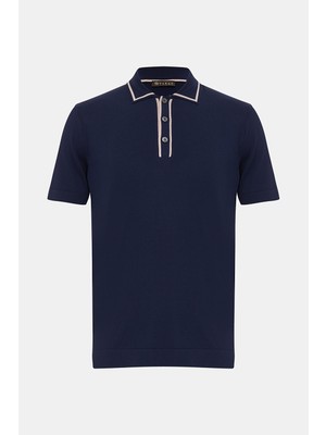 Vakko Navy Buttoned Collar Short Sleeve Knit T-Shirt