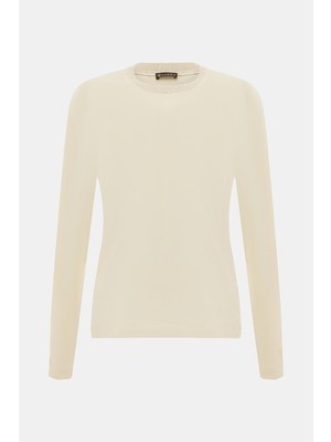 Vakko Cream Round Neck Long Sleeve T-Shirt