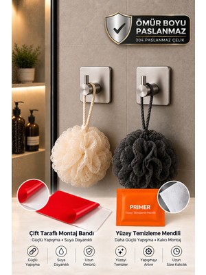 2 Adet Kare Tekli Modern Banyo Askılık 45 mm | Paslanmaz Çelik | Delmeden Yapışkan Montaj