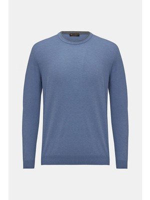 Vakko Blue Crew Neck Knit Sweater