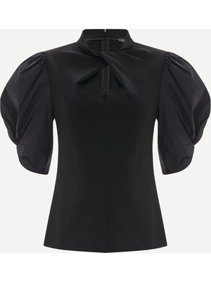 Vakko Black Low-Cut Short Sleeve Blouse