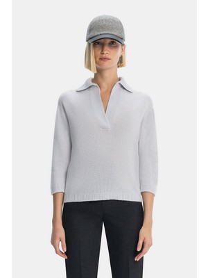 Vakko Grey Polo Collar Knit Sweater