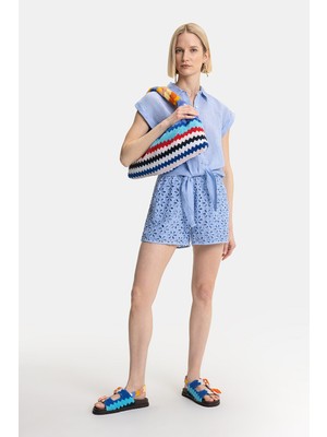 Vakko By 12O Lıno Blue Linen Shorts
