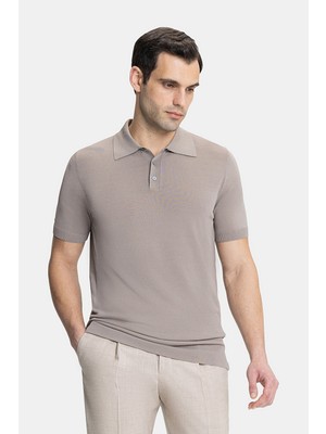 Vakko Buttoned Polo Collar Short Sleeve Plain Knit Top