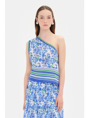 Vakko Blue Patterned Asymmetric Blouse