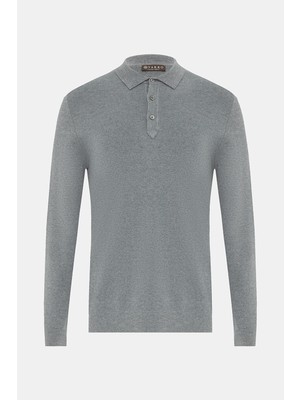 Vakko Grey Melange Polo Collar Knit Sweater
