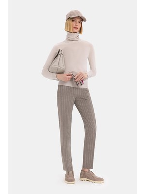 Vakko By Lorena Antonıazzı Beige Striped Pattern Slim-Leg Trousers