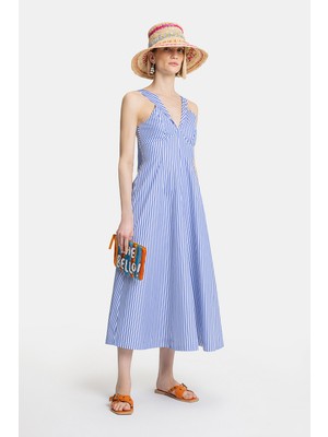 Vakko Blue Striped Dress