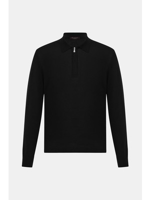 Vakko By Gran Sasso Zip Polo Collar Wool Knit Sweater