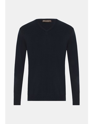 Vakko Navy V-Neck Knit Sweater