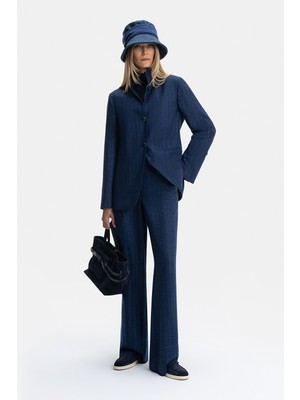 Vakko Navy Striped Wide Leg Trousers