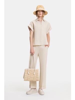 Vakko Beige Striped Linen Trousers