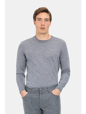 Vakko Grey Melange Round Neck Knit Sweater