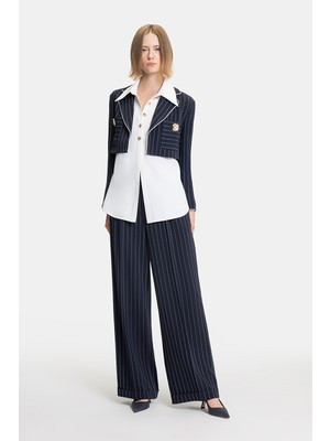 Vakko Navy Striped Wide-Leg Trousers