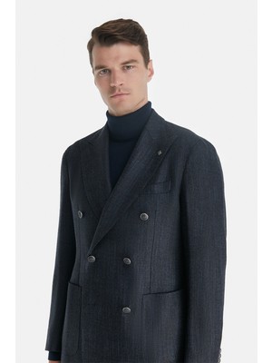 Vakko By Taglıatore Navy Double-Breasted Collar Jacket
